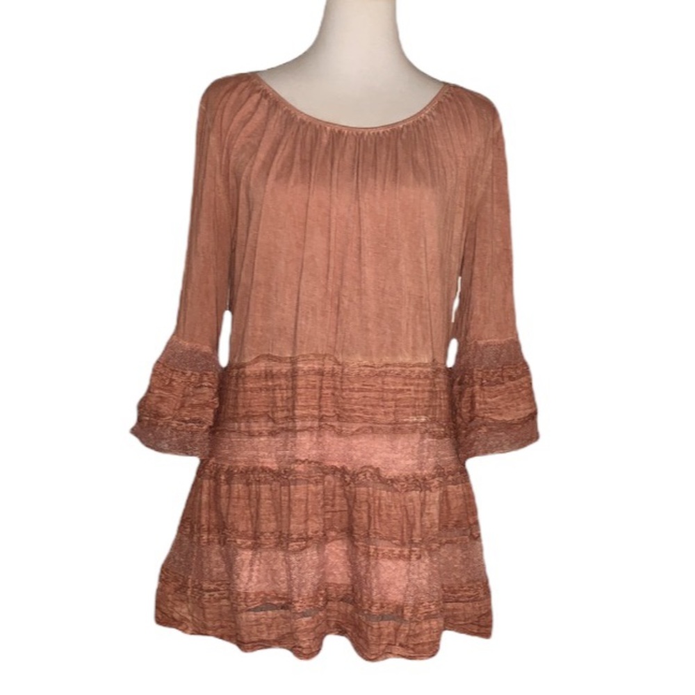 Song n Spirit distressed wash layer ruffle trim tunic top 3/4 sleeve